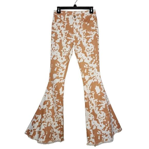 Saints & Hearts Women Jeans, Cow Print High Rise Flare Bell Bottom Jeans, S - Picture 1 of 11